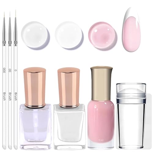 Set de Vernis French Manucure - Sèche-Rapide, avec Top Coat, Tampon à Ongles et Pinceau Fin Nail Art, Vernis Jelly Nude & Blanc pour DIY Nail Art à la Maison, Sans...