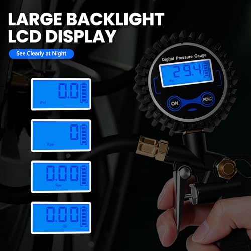 Image of Digital Tire Gauge with Inflator & Deflator - LED Display & 0.1 PSI Resolution - Quick Release Valve & Heavy Duty Chuck - w /Adapter for Car, Truck, SUV, Motorcycle, RV, Balls