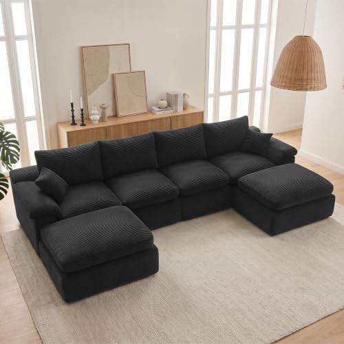 Image of 133 inch Cloud Sectional Couch, Boneless Couches for Living Room, Black | U shaped, Modular Sectional Sofa with Deep Seat & Convertible Ottoman, Built for Family Life, Apartments & Living Rooms