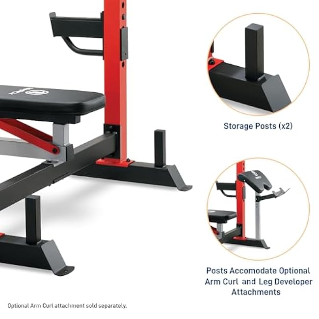Marcy Deluxe Olympic Weight Bench with Adjustable Back and Bar Catch and Optional Arm Curl, Leg Developer, Lat Tower Attachments (Sold Separately), Personal Home Gym for Strength Training, Weightlifting