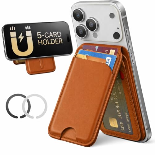 Image of Meyaar Magnetic Wallet for iPhone & Android | MagSafe Card Holder with 2 Adhesive Metal Rings | 5 Card Holder for MagSafe Cases & Android Phones | Vegan Leather (Brown)