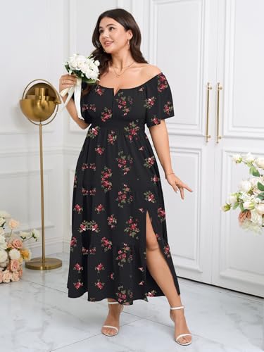 Image of SCOMCHIC Womens Plus Size Maxi Dress Formal Short Sleeve Square Neck Smocked Side Split Flowy A Line Tiered Long Dress