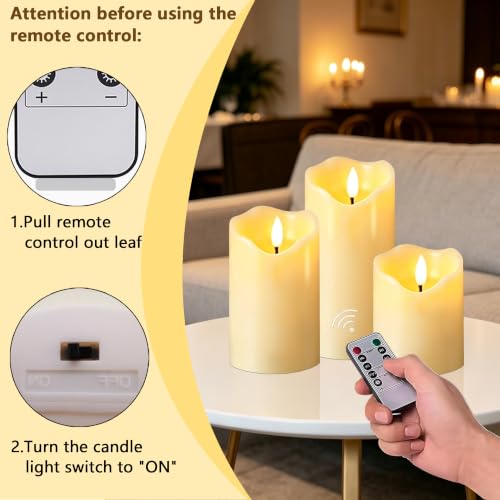 Image of VIEWELLD Flickering Flameless Candles with Remote and Timer, Realistic LED Candles, Battery Operated Candles for Christmas Home Wedding Birthday Decoration, Real Wax Set of 3(Ivory White)