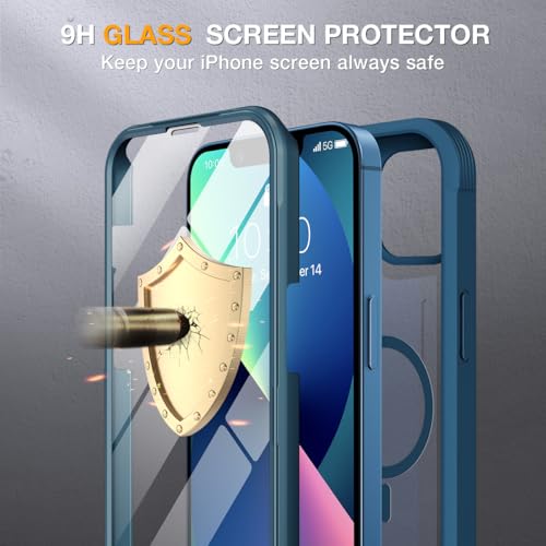 Image of Miracase for iPhone 13 Case 6.1'',Full-Body Magnetic Clear Bumper Case with Built-in 9H Tempered Glass Screen Protector,Military Drop Protection Outdoor Phone Case,Storm Blue