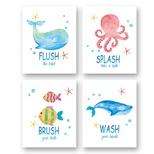 Watercolor Ocean Bathroom Wall Art Print --Bathroom or Nursery Wash Room Decor--Flush Splash Brush Wash Ocean Animal Canvas Print ( Set of 4 )--Unframed--8X10 inch