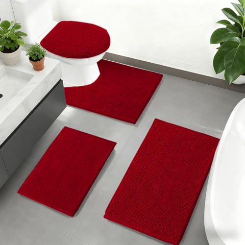 Burgundy 4-Piece Bath Rug Set Non-Slip Chenille