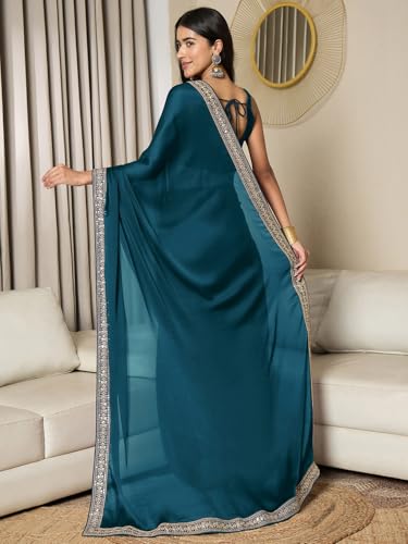 Image of AKHILAM Women's Satin Solid Ready To Wear one Minute Saree with Unstitched Blouse Piece