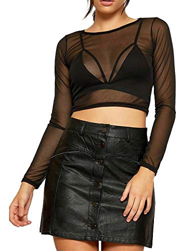 ADOME Women's Crop Mesh Tops for Women Long Sleeve Mesh Crop Top Black XXL