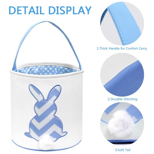 Image of Easter Bunny Baskets, Easter Egg Hunt Bunny Bags Little Baskets with Fluffy Tail Canvas Cotton Rabbit Handbag Bucket Tote Bag for Kids Girls (Wave Pattern,Blue)