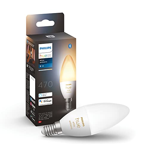 Philips Hue White Ambiance Candela Smart LED, Attacco E14, 4W, Luce Bianca da Calda a Fredda, Dimmerabile, Controllo con Bluetooth e Hue App, Funziona con Alexa, Google Assistant e Apple HomeKit