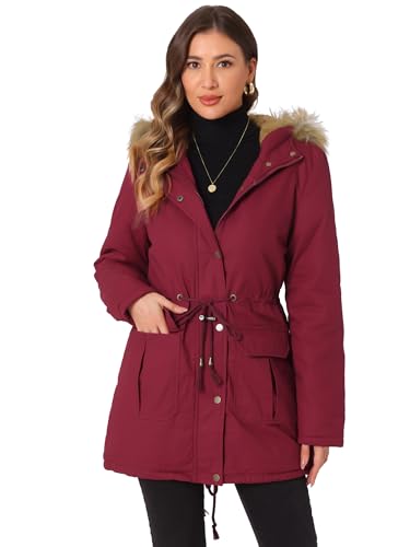 Allegra K Women's Winter Parka Jacket Warm Windproof Long Puffer Coat with Faux Fur Hood