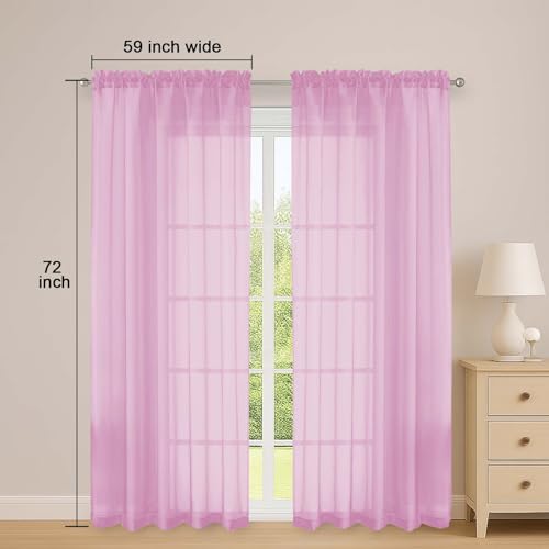 Image of OWENIE Pink Sheer Curtains 72 Inches Long 2 Panels Set, Transparent Voile Sheer Curtain for Living Room Bedroom Window Sliding Glass Door Treatment, 59 x 72 Inch, Pink