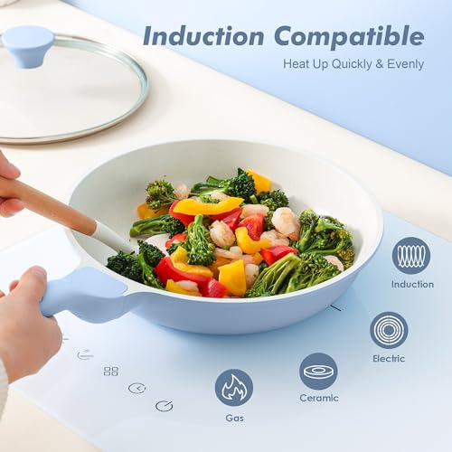 Image of SENSARTE Nonstick Ceramic Frying Pan with Lid 8 Inch Omelette Pan Skillet, Free of Intentionally Added PFAS /PTFE Non-toxic Chef's Pan Induction Compatible Pan, Heat Resistant Handle, Glacier Blue