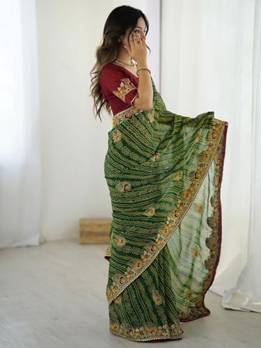 Image of Satrani Women's Georgette Bandhani Printed Embroidered gota lace Saree with Unstitched Blouse Piece