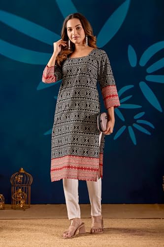 Image of Women's Pure Cotton Straight Fit Straight Cambric Jaipuri Printed Kurti