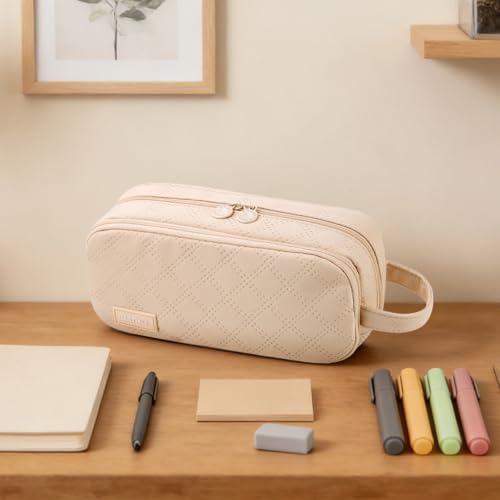 Image of EASTHILL Large Capacity Pencil Case Cute Pencil Pouch with Handle Stationery Pen Bag for Teen Girls-Cream