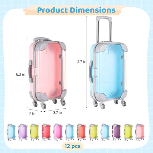 12 PCS Mini Suitcase Storage Boxes, 6.3×3.7×2 Inch Assorted Color False Eyelash Packaging Box, Clear Small Suitcase Plastic Holder, Rolling Empty Lash Box, Trolley Luggage Case Candy Box for Party Favors3
