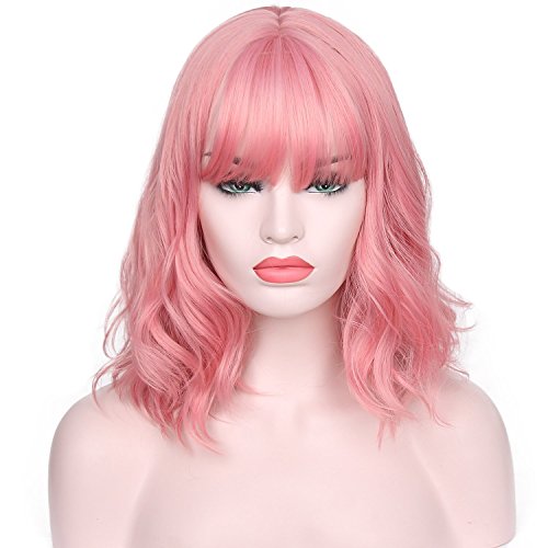 AISI HAIR Short Wavy Bob Wig for Women With Air Bangs Synthetic Hair Wigs (Pink)