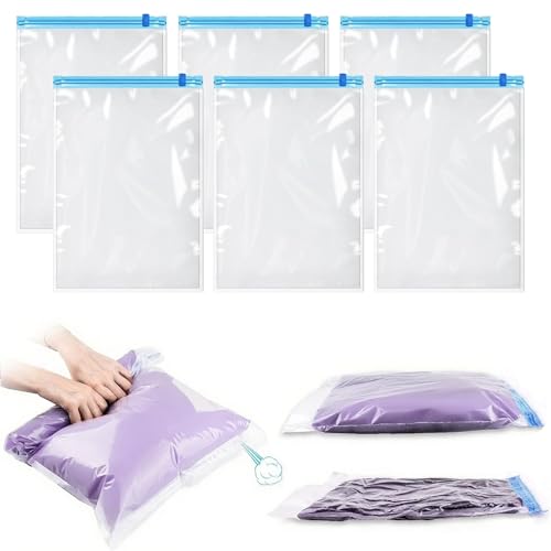 Small Vacuum Storage Bags 6 Pack Space Saver Bags Roll-Up Compression Zipper Sealer Bags Reusable Travel Vacuum Bags for Clothes - 35×50cm (No Pump Included)