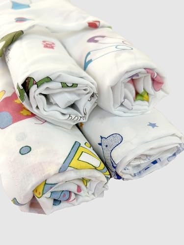 Image of Trance Home Linen Super Ultra Soft 100% Cotton New Born Baby Swaddle Wrap|New Born Babies Soft Pure Cotton Sheets|Baby Wrap Set (100x100 cm, Nursery Print, Pack of 4)|TC - 200; multicolor