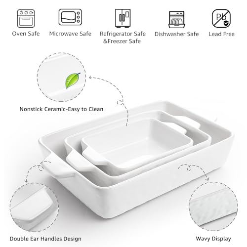 Krokori Casserole Dishes for Oven, Ceramic Baking Dishes, Lasagna Pan with Handles, Porcelain Baking Pan Deep, Bakeware for Baking, Cooking, Wedding Gift, Set of 3 (11.6\" x 7.8\", White) - Thumbnail 3