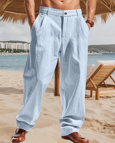 Men's Pinstripe Linen Wide Leg Pants Relaxed Fit High Waist Pleated Trousers with Pockets2