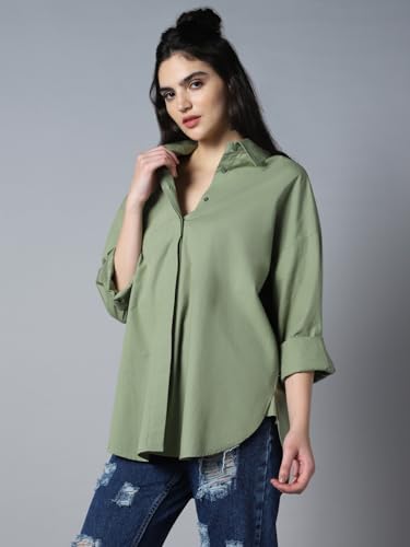 Image of High Star Relaxed Oversized Spread Collar Long Sleeve Cotton Longline Casual Shirt