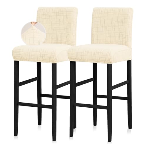 Image of JIUZHEN Ivory Stretch Velvet Bar Stool Counter Covers Set of 2 | Washable Removable Rectangular Seat Covers, Water Resistant, Kitchen, Dining, Pub, Hotel, Wedding and Party Counter Stools