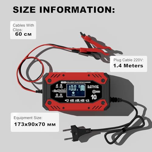 10A Carica Batteria per Auto, 12V/24V Caricabatterie Auto Completamente Automatico con Intelligente Schermo LCD, Compensazione Della Temperatura, Modalità di Riparazione, per Moto, Auto, Tosaerba - 7