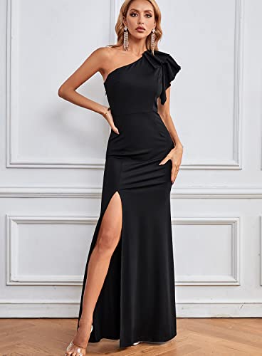 Souqfone Womens Formal Dresses One Shoulder Ruffle Trim Evening Gowns Elegant Wedding Guest Bodycon Mermaid Cocktail Party Long Maxi Dresses With Slit-S,Black #TOP4