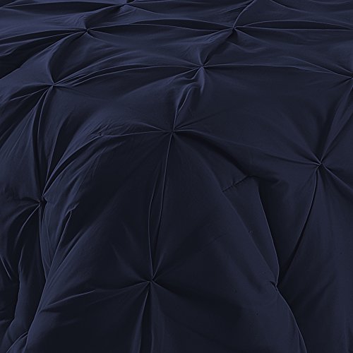 Comfy Bedding 3-Piece Pinch Pleat Comforter Set All Season Pintuck Style Double Needle Durable Stitching, Queen, Navy Blue #TOP1