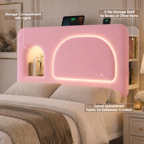 Image of Full Storage Bed Frame with Bookcase Headboard & Charging Station, Beige