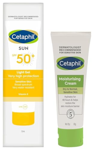 Image of Cetaphil Moisturising Cream for Face & Body, Dry to Normal skin, 80 gm Combination Skin Sun Spf 50 Sunscreen, Very High Protection Light Gel, Water Resistant, Vitamin E, 50 Ml, Pack Of 1