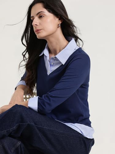 Image of FableStreet Women Shirt | Slim Fit V-Neck Layered Look with Striped Spread Collar & Three-Quarter Sleeves | Cotton Knit Jersey Fabric for Business Casual