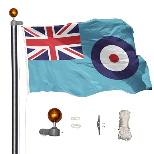 Flagtex Poste de bandera seccional de 6 m, incluye bandera RAF, aluminio resistente, 6 postes, sistema de polea y cuerda, fácil montaje
