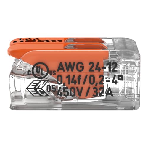 Image of WAGO 221-412 | Easy-to-Use electrical Wire Connectors | Pack of 16 | Compact, Tool-Free, Transparent - For Home, DIY & Electrical Projects - 2-Conductor