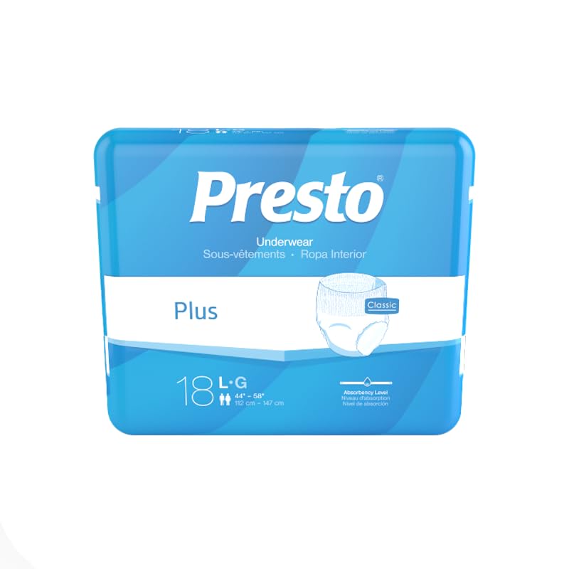Presto Classic Plus Incontinence Underwear, Unisex Large, 45-58 Inch, White, 18 Count