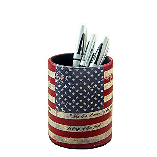 Image of Pen Pencil Holder Cup Container PU Leather Desk Organizer Stand Decor Brush Scissor Holder Decoration Office Desk Home School (3.3 inch x 3.3 inch x 4 inch, US Flag)