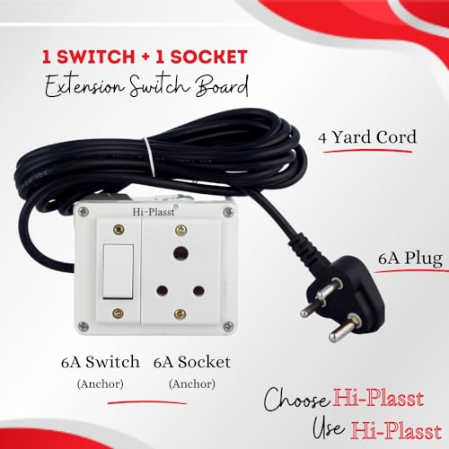 Image of Hi-Plasst 1+1 Pin Extension Board with 1 Switch & 1 Socket, 6A, 4-Yard Long Cord - Wall-Mountable Power Hub for Home, Office, Diwali Lights, Christmas Decor & Kitchen Appliances