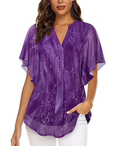 Image of Timeson Women's Short Sleeve V Neck Blouses Shirts Floral Double Layers Mesh Tunics Tops