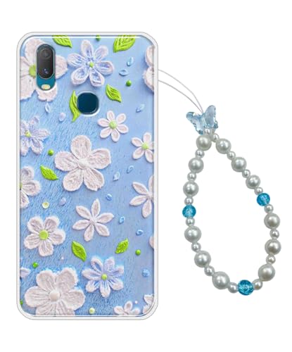Image of COBERTA Printed Back Cover for Vivo Y11 Back Cover Case with Phone Charm Chain Strap Beads & Pearls for Girls Stylish - Blue Floral Butterfly Trending Charms - D16910