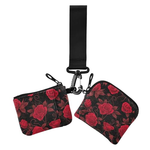 Red Rose Gothic Women's Dual Wallets Business Card Cases Slim Detachable Card Wallet Money Organizer with Zipper Pocket for Women 2 Pcs