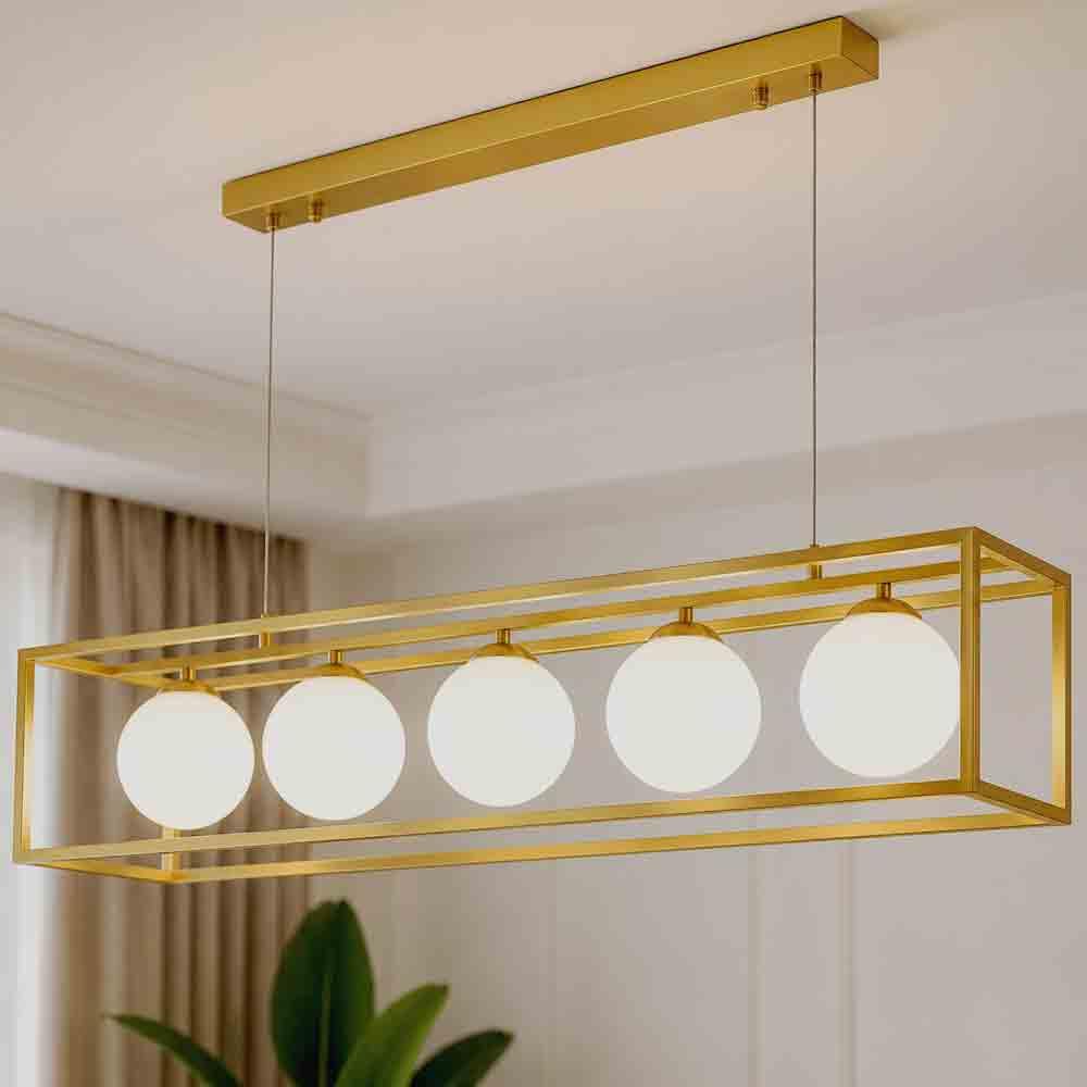Lampadario a Sospensione Oro con 5 Sfere in polietilene Opalino