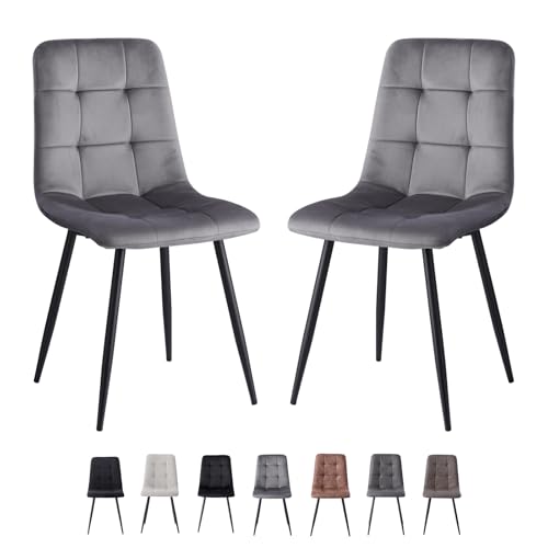 GrandCA HOME Lot de 2 Chaises de Salle à Manger avec Siège Rembourré en Velours, Chaises de Cuisine Modernes avec Pieds en Métal, Gris-HL