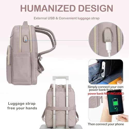 VANKEAN 17.3 Inch Laptop Backpack for Women Work Laptop Bag Fashion with USB Port, Waterproof Backpacks Stylish Travel Bags Casual Daypacks for College, Business, Light Dusty Pink - Thumbnail 7