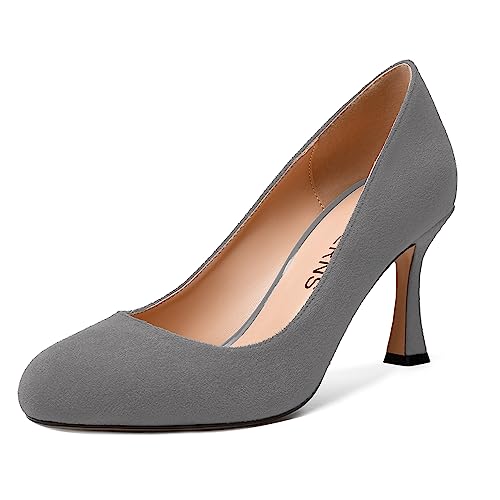 WAYDERNS Womens Solid Office Suede Slip On Dress Round Toe Spool High Heel Pumps Shoes 3.3 Inch