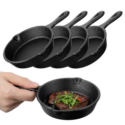 APLZGMG 4 Pack Small Cast Iron Skillets, 4Inch Mini Frying Pans with Double Drip Spouts, Non-stick Mini Cast Iron Pan with Handle for Oven, Grill, Stovetop, Campfire, Indoors, Outdoors (Black)