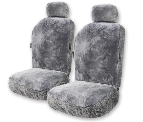 ZONETECH Sheepskin Seat Covers Fuzzy Car Seat Covers Grey Australian Merino Wool Fluffy Fur Auto Accessories All Season Protection for Your Seats Universal Fits Most Car SUV Airbag Compatible 2- Pack