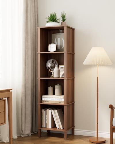 Apetaccat Bookshelf, Modern 4-Tier Bookcase, Open Storage Book Shelf, 11 × 14.2 × 50.4 Inches, Small Narrow Bookshelves for Living Room, Home Office, Bedroom, Walnut