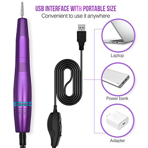 SKYMORE Professional Electric Nail Drill Set, Portable USB Nail File Manicure & Pedicure Tools, 11 in 1 Acrylic Finger Toe Nail Care Kit, 16 Sanding Bands and 1 Nail Clipper (PURPLE)